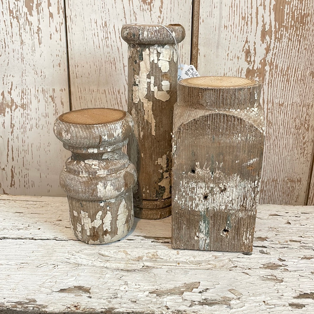 Set of three chippy, white and green candle holders